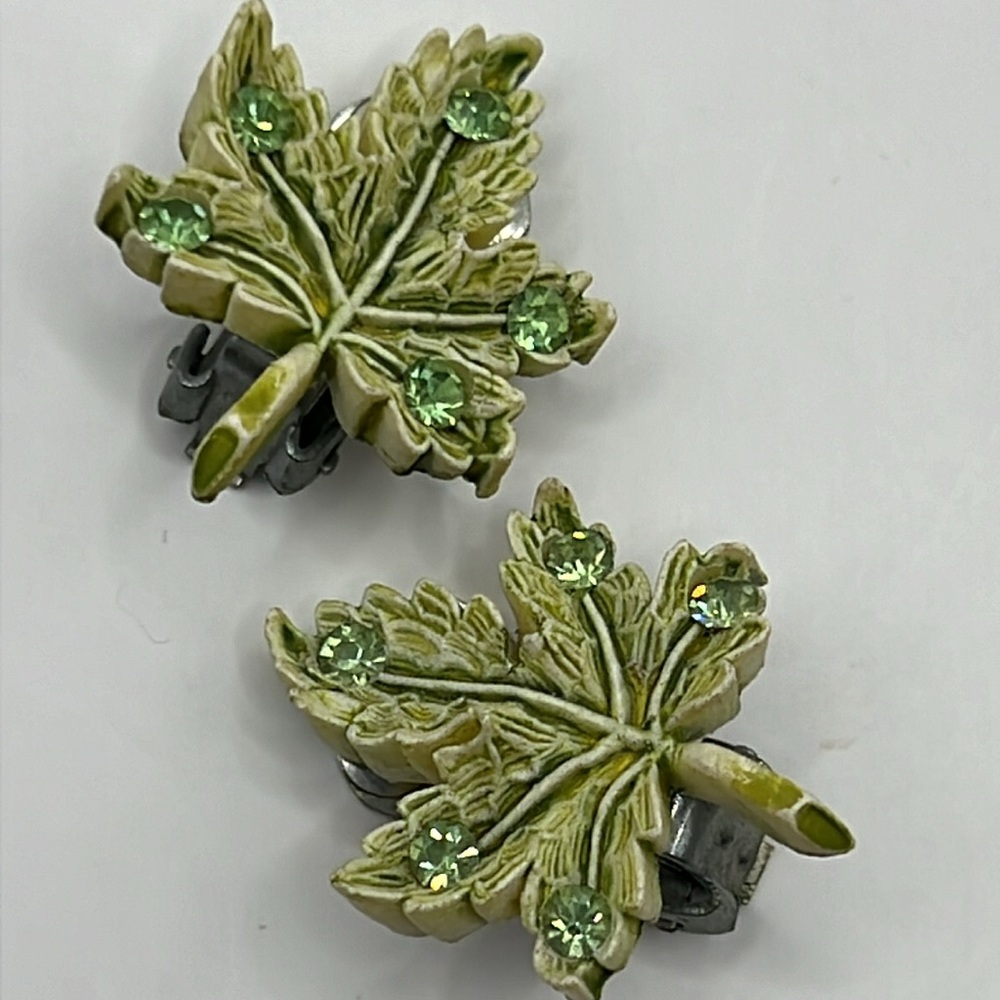 Vintage Green Rhinestone Leaf Earrings.